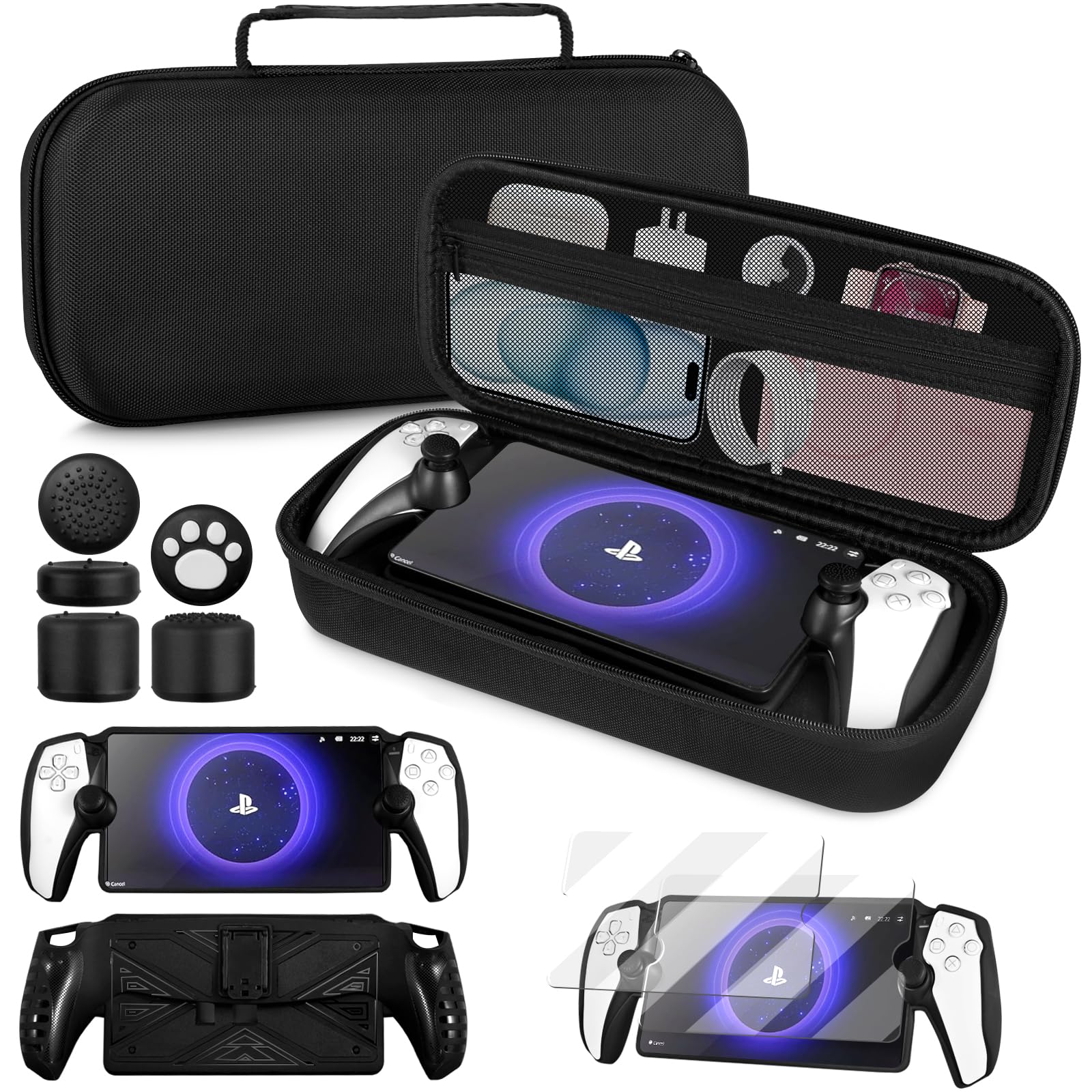 4 in 1 Accessoris Set Compatible with PS5 Portal for Gamers on-the-go, EVA Hard Carrying Case, Silicone Protective Cover